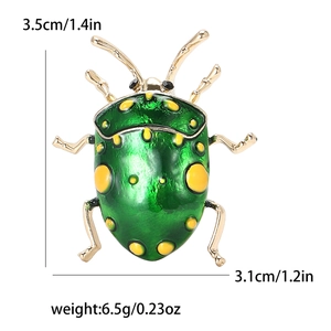 Detailed dimensions of green beetle enamel brooch showing size 3.5cm by 3.1cm and weight 6.5g