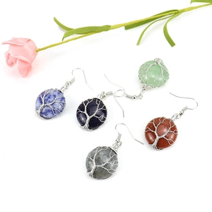 Handmade silver wire tree of life earrings with natural crystal stones in five colors