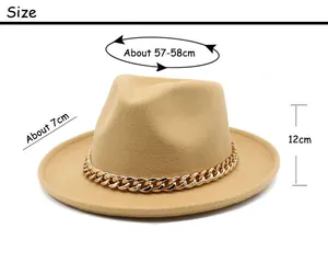 Detailed size chart for wool felt fedora with camel fabric and gold chain link detail