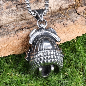 Retro biker skull helmet pendant in stainless steel on a sturdy square box chain