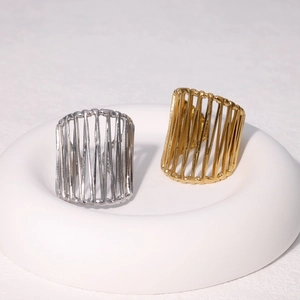 Hollow Wide Band Ring 18K Gold Plated Stainless Steel Adjustable Open Geometric Cage Style Jewelry For Women