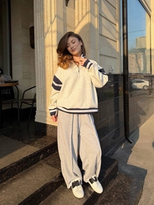 Women Half Zip Cotton Sweatshirt And Wide Leg Pants Striped Embroidery Casual Lounge Streetwear College Style Grey