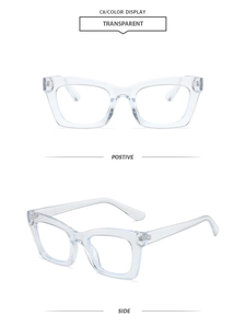 Detail of transparent square frame glasses showing front and side views on white background