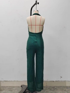 Detail of dark green sequin jumpsuit featuring a backless design and halter neckline