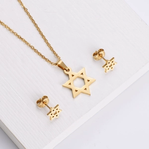 Polished gold stainless steel jewelry set featuring hexagram pendant necklace and earrings