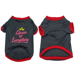 Front and back views of a black pet t-shirt with red piping and Queen of Everything print