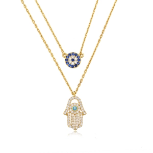 Double-layered S925 silver necklace with golden Hamsa Hand and Evil Eye pendants