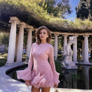 Women Elegant Chiffon Crepe Mini Dress Flared Long Ruffle Sleeves Tiered Hem Button Front Round Neck Socialite Party Style