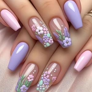 Lavender Purple Pink Press On Nails Long Ballerina Coffin Shape 3D Flower Artificial Pearl Embossed Artificial Fake Nails For Women