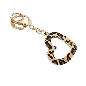 Leopard print heart mirror keychain with gold ring for women accessories