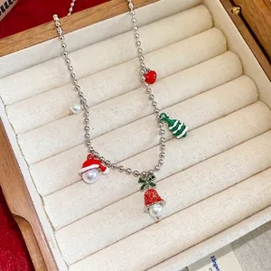 Christmas Pendant Necklace Alloy Rhinestone Enamel Heart Tree Bell Hat Charms Silver Bead Chain Women Festive Jewelry