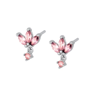 Close-up of S925 silver stud earrings featuring pink marquise-cut zircon stones