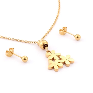 18K gold plated daisy flower jewelry set with necklace and stud earrings on white background