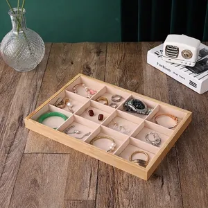Bamboo jewelry display tray with 12 velvet compartments for rings and watches