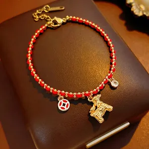 Red String Bracelet With 18K Gold Plated Copper Beads And Zodiac Horse Charm Traditional Chinese Style Jewelry Women