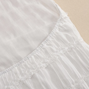 Macro detail of white pleated lace fabric showing intricate stitching and layered texture