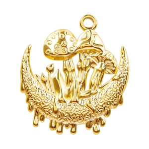 Gold stainless steel crescent moon pendant with mushroom design and melting metal effect