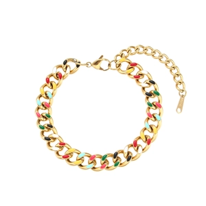 Detail of 18KGP gold chunky Cuban chain bracelet with colorful oil drip link accents
