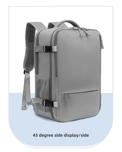 Side view of gray travel laptop backpack with breathable straps and mesh side pockets