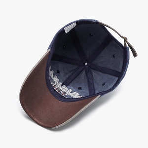 Retro two-tone cotton baseball cap with adjustable leather strap and reinforced seams