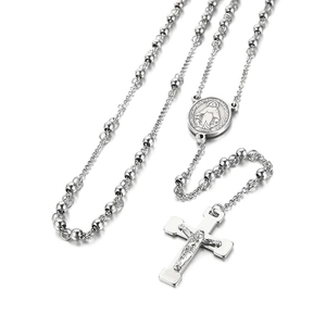 Retro 6mm stainless steel rosary necklace with crucifix and Virgin Mary medal on white background