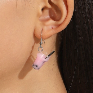 Creative pink bubble tea earrings in resin with silver hooks for teen girls