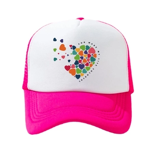 Pink and white trucker hat featuring multi-color heart graphics and colorful text