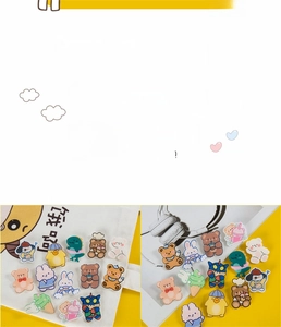 Vibrant acrylic cartoon pins featuring bears and bunnies on a white canvas backpack