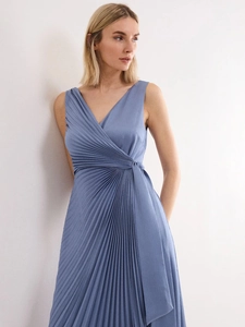 Elegant sleeveless gray-blue pleated maxi dress with deep V-neck and open back design