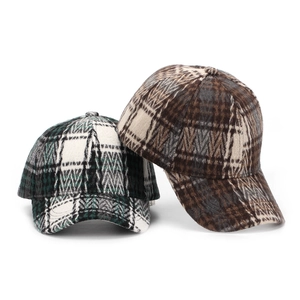 Classic plaid wool baseball cap with hard top and curved brim for outdoor street style