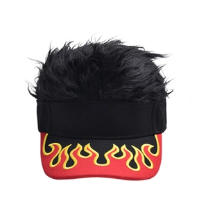 Detail of creative visor hat with long black fake hair and red flame pattern brim