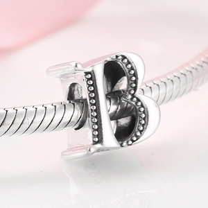 S925 sterling silver alphabet 'B' charm bead for DIY bracelets with metallic finish