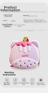 Pink mangosteen shell backpack detail showing EVA material specs and dimensions of 28x24x7cm