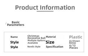 Detailed specification sheet for Nordic style white plastic Christmas tree decorative balls