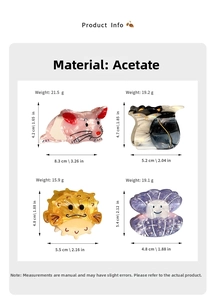 Detail view of acetate claw clips in animal shapes like mice, cats, and shell designs