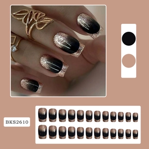 Detail of square black and gold glitter gradient press-on nails set style BKS2610