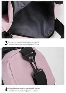 Detail of pink nylon travel bag featuring sturdy PVC hooks and grey polyester lining