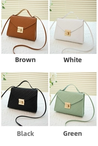 Four woven textured handbags in brown, white, black, and green with gold metal clasps