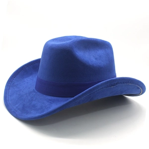 Detailed close-up of blue faux suede western cowboy hat with ribbon and stitched brim
