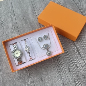 Women silver quartz watch set with diamond jewelry in premium orange gift box