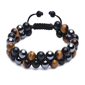 Handmade double-layer woven tiger eye and lava stone adjustable men's bracelet