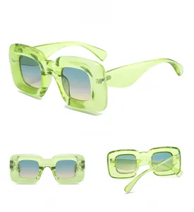 Three-angle view of Y2K neon green square sunglasses with blue to yellow gradient lenses