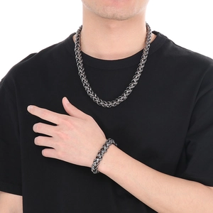 Retro woven stainless steel necklace and bracelet set in black and silver for men