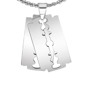 Polished silver stainless steel double razor blade pendant with metal twist chain link
