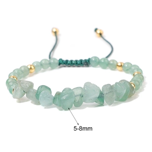 Handmade woven green natural stone gravel bracelet with adjustable cord and gold beads