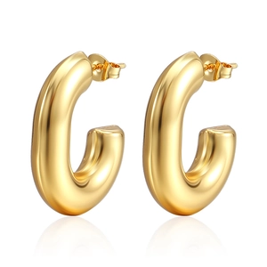 Detailed macro view of 18K gold plated stainless steel chunky hoop earrings with polished finish