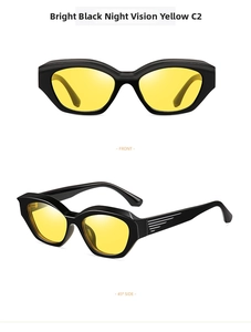 Front and side view of small black frames with yellow night vision lenses sunglasses