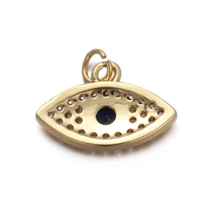 Detailed view of evil eye pendant with blue zircon stones and gold plating