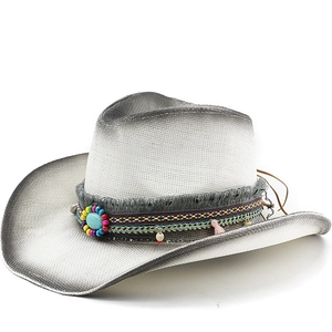 Cappello Da Cowboy Occidentale In Paglia Verniciata Tesa Larga Protezione Solare Etnico Boho Perline Nappa Decor
