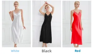 Detailed comparison of V-neck lace satin nightgowns in white, black and red colors